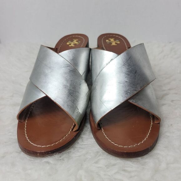 Tory Burch Shoes  Womens Size 9 M  Montrose Mirror Slip On Silver Leather Heel - Picture 2 of 10